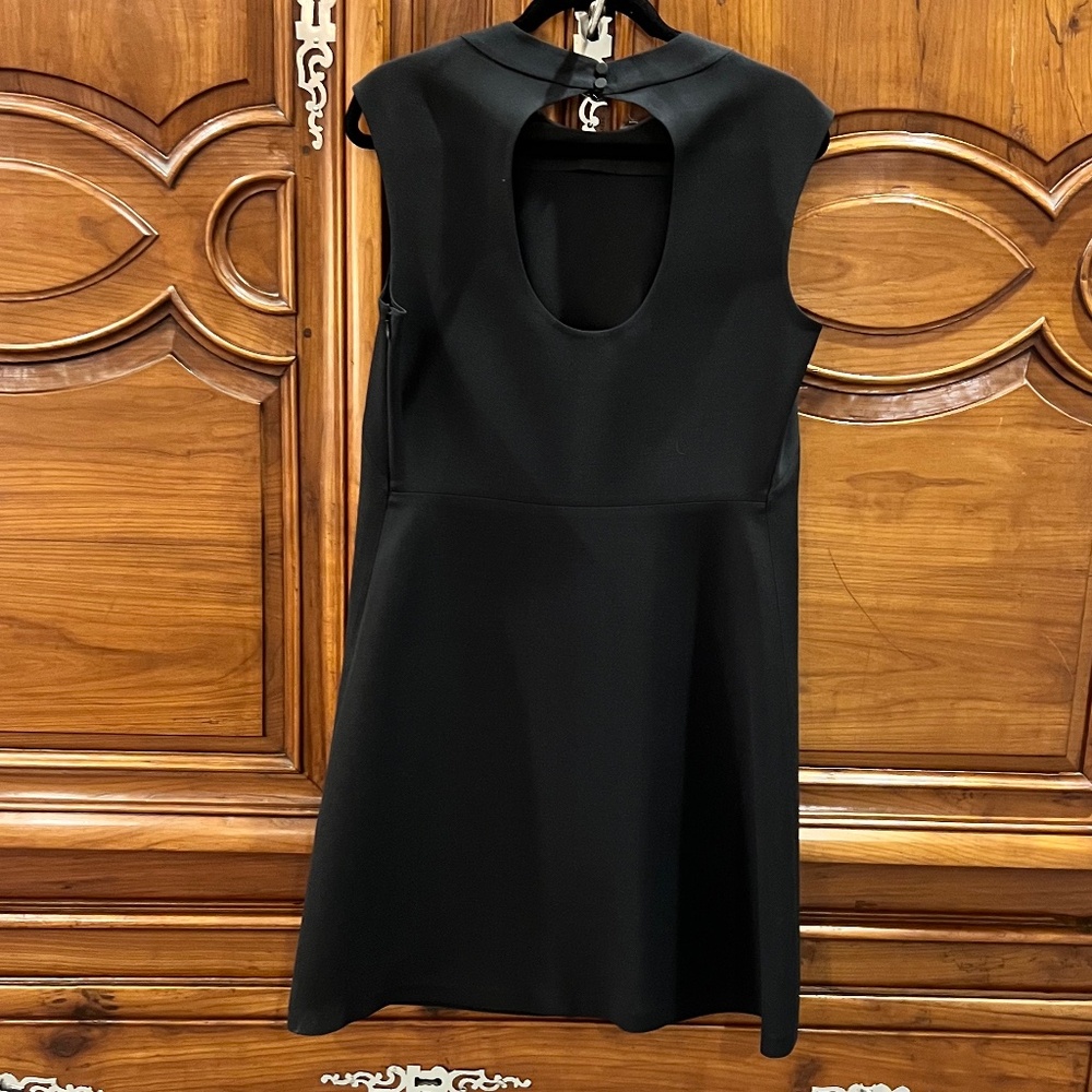Lafayette 148 Dress Midi Sleeveless Black Wool & Silk Back Keyhole Shift Size M